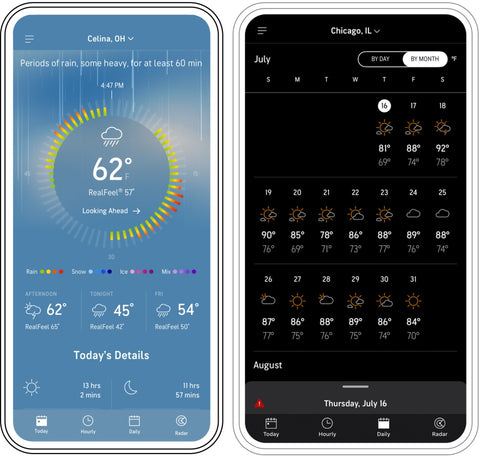 Screenshots of Accuweather mobile weather app