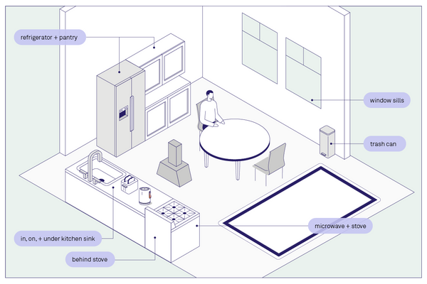 Isometric drawing of a kitchen with "refrigerator + pantry", "in, on, + under sink", "behind stove", "microwave + stove", "trash can", and "window sills" labeled