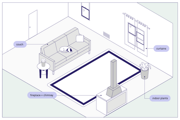 Isometric drawing of a living room with "couch", "fireplace + chimney", "indoor plants", and "curtains" labeled