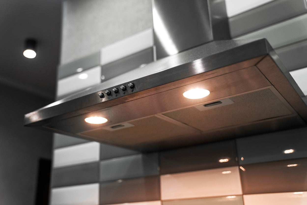Overhead stove fan hood for cooking with gas