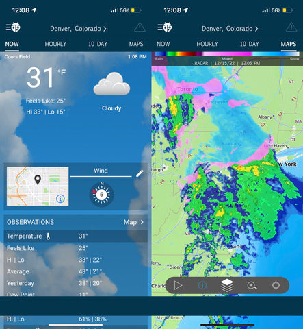 Screenshots of WeatherBug weather forecast app