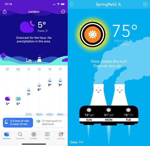 Screenshots of Carrot Weather mobile app