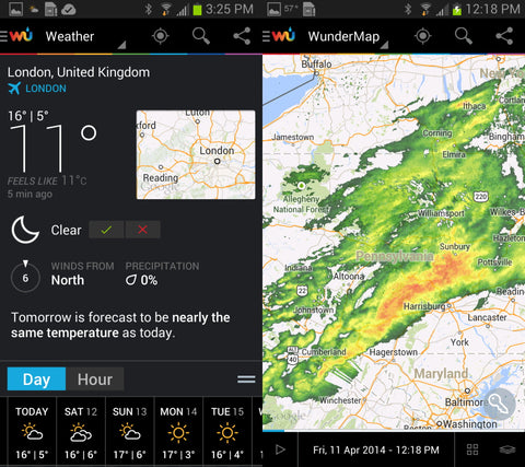 Screenshots of Weather Underground local weather app