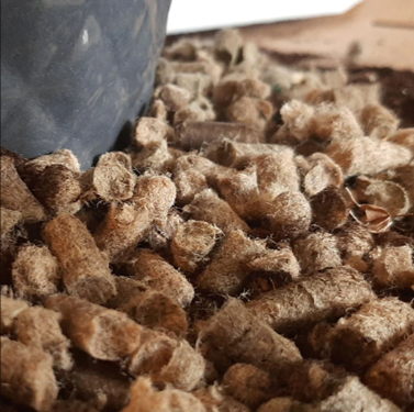 EcoWool pellets beside blue plant pot.