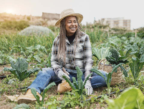 Senior African woman with long braids, a straw hat and plaid shirt is sitting in the garden, tending to dinosaur kale. ning
