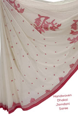 Off-White & red handloom Handwoven Dhakai Jamdani Saree