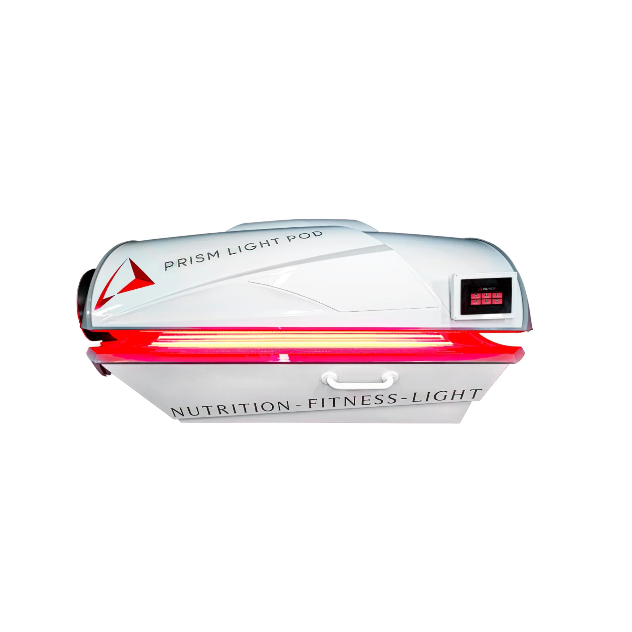 A modern red and white Prism Light Pod with digital display on a white background.