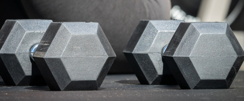 Close up of hex dumbbells