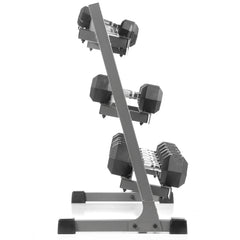 side view of dumbbells on a dumbbell rack