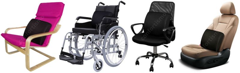 4 cadeiras diferentes com o apoio de costas SitComfort da Confortismo. Uma cadeira de casa, uma cadeira de rodas, cadeira de escritório e um assento de carro.