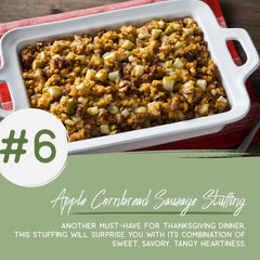 Apple cornbread sausage stuffing in a white casserole dish