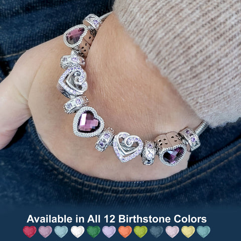 Wrist with february bracelet and text that says available in all 12 birthstone colors