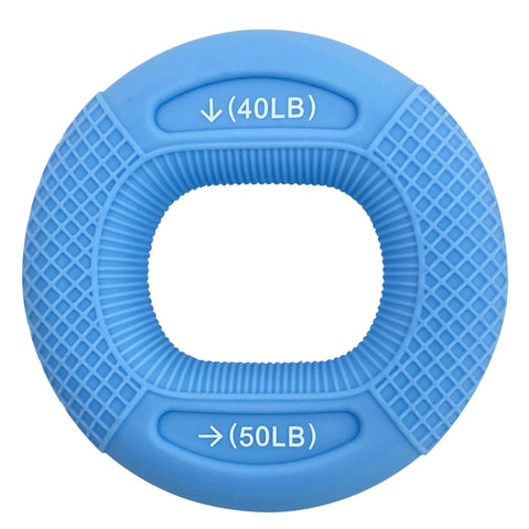 Um anel de silicone azul exercitador das mãos, com força de aperto das mãos de 18 kg.