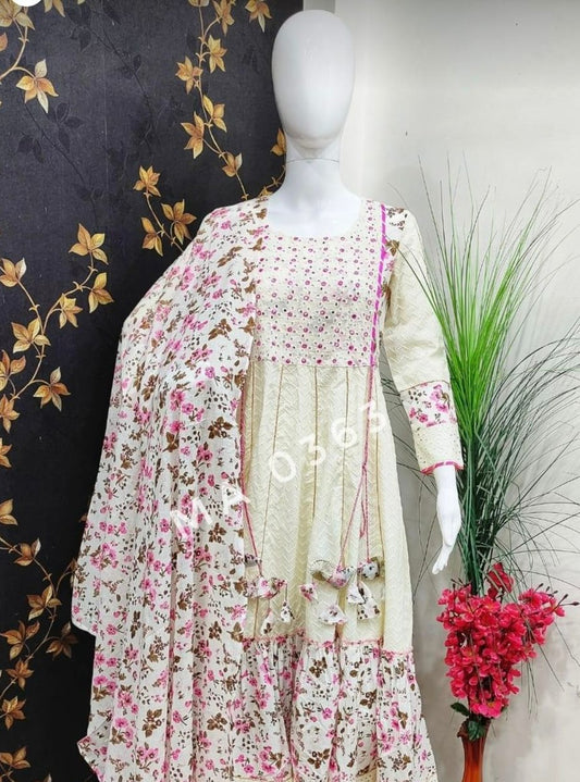 WHITE & PINK COTTON ANARKALI KURTI WITH GOLDEN LIQUID ZARI ALL