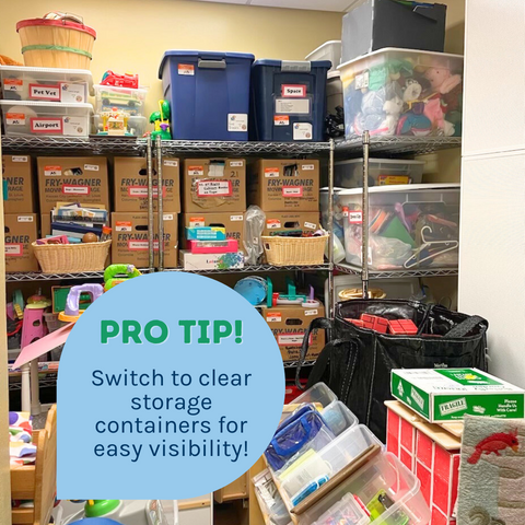 clear storage bins on shelving