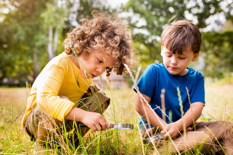 boys in a field using a magnifier