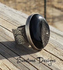 Black Druzy Ring with Adjustable Patterned Band