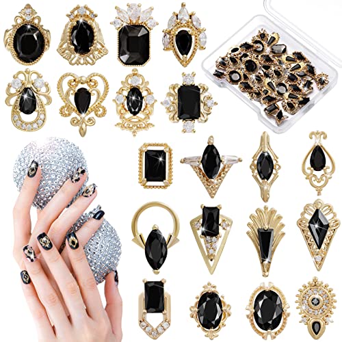 24 Pieces 3D Nail Charms Gold Luxury Black Rhinestones Nail Charms