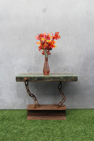 rustic console table on a industrial meta base