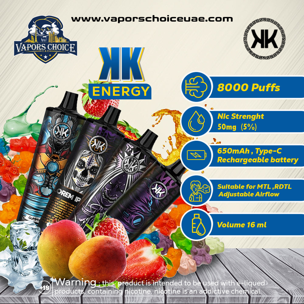 KK ENERGY (50mg) 8000 PUFFS RECHARGEABLE MESH COIL - DISPOSABLE VAPE ABU DHABI UAE