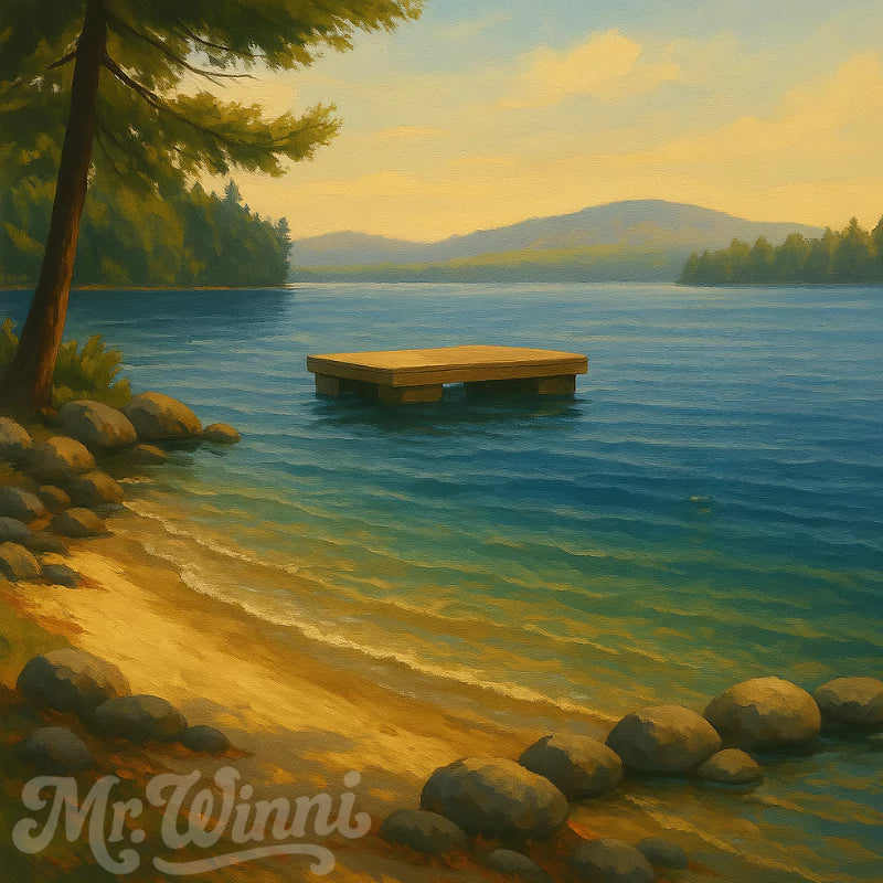 Peaceful shoreline with a sandy beach and floating swim dock on Lake Winnipesaukee, used to illustrate evaluating lake bottom conditions and water depth for swimming and boating.
