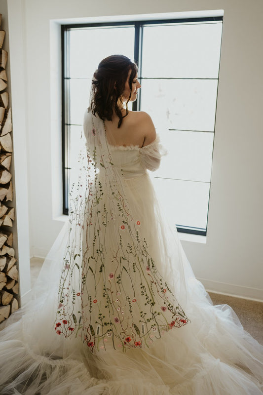 BLOSSOM Delicate Wild Flower Embroidered Wedding Veil. 3D Flower Bespoke  Veil. Pastel Colour Flower Veil. Cape Veil. Fingertip Veil 