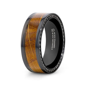 The Bourbon Black Zirconium Ring Whiskey Barrel Wood Inlay Black Sapphire Edge 8mm - Just Mens Rings