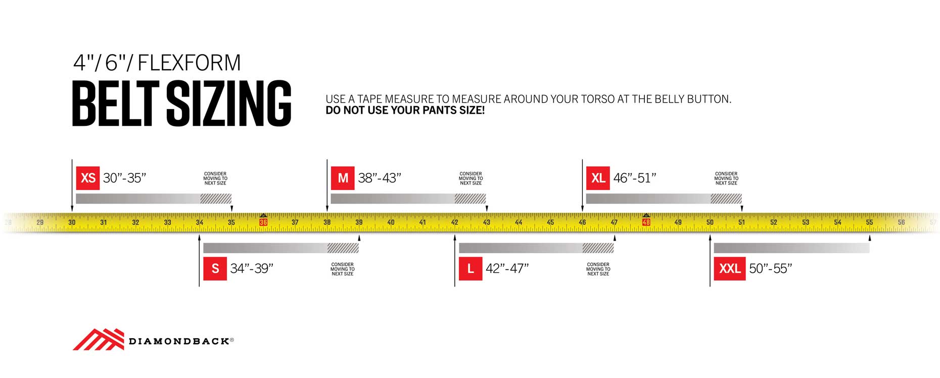 Diamondback Toolbelts - toolbelts sizing for 4-inch toolbelt, 6-inch toolbelt, and FlexForm toolbelt