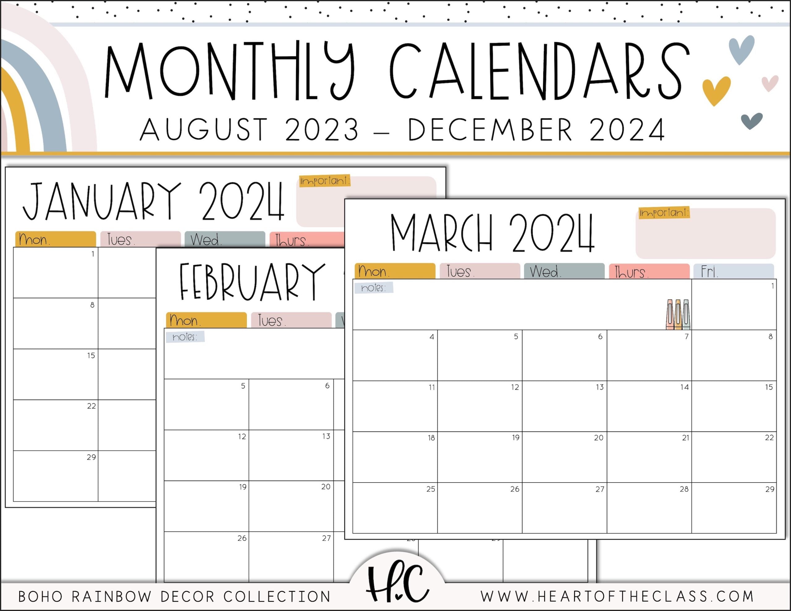 Free Teacher Planning Calendars Boho Rainbow