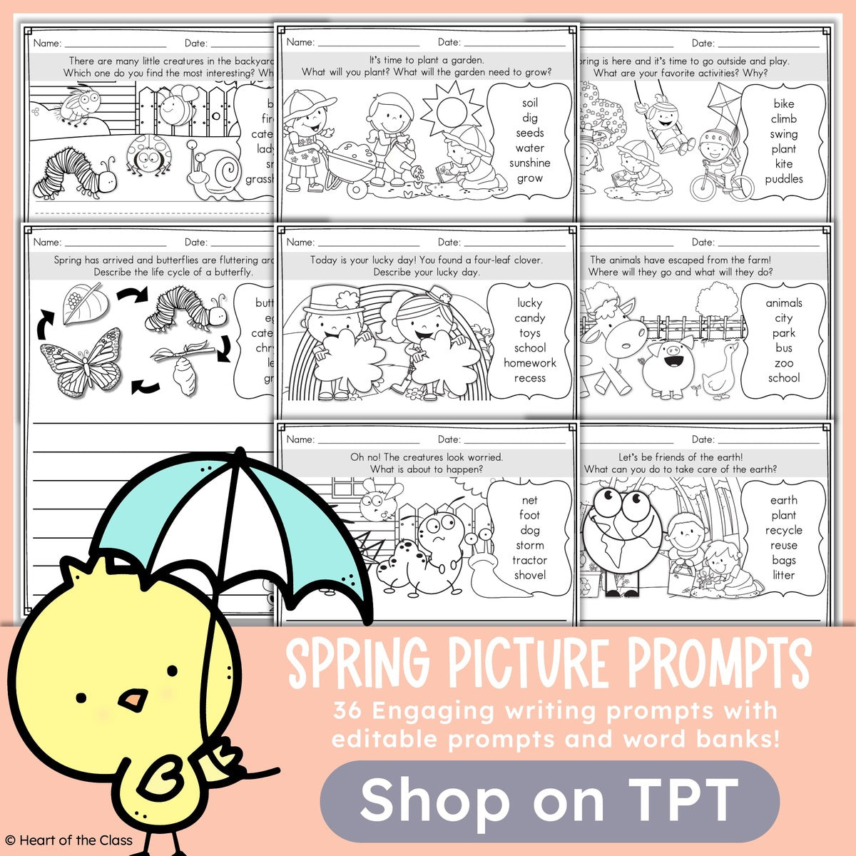 First Grade Spring Writing Prompts with Pictures and Word Banks