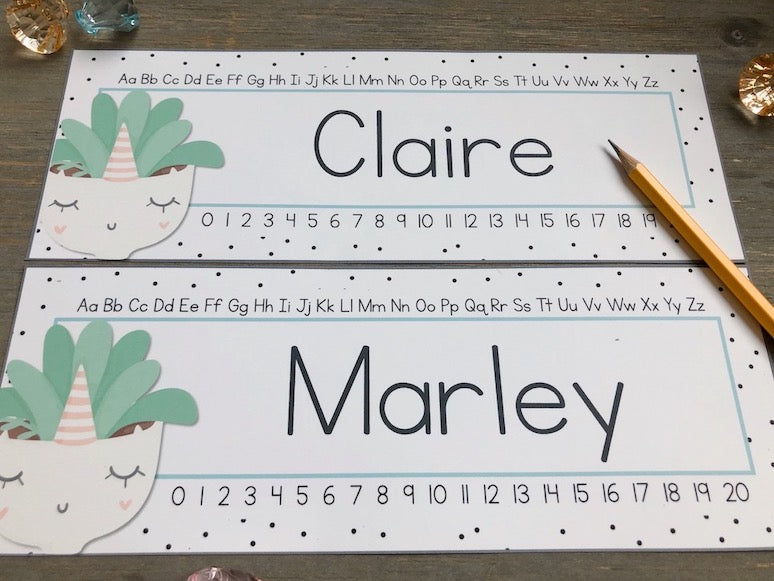 Student Desk Name Tags with Succulents Primary Font