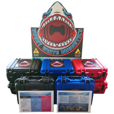 Our magnet fishing point of sale kit on full display featuring x3 Bruce kits, x3 Jaws kits & x2 Megalodon kits with multiple signs!