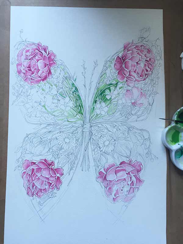 Butterfly made out of flowers painting in progress