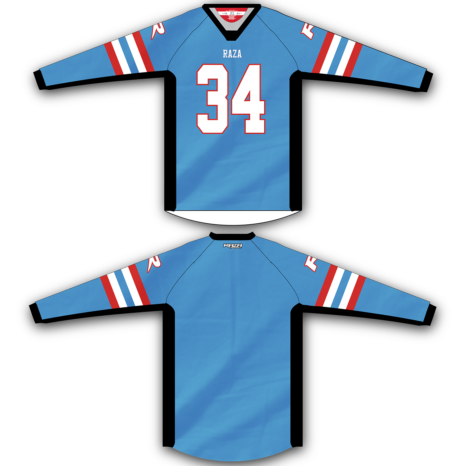 red and light blue jersey