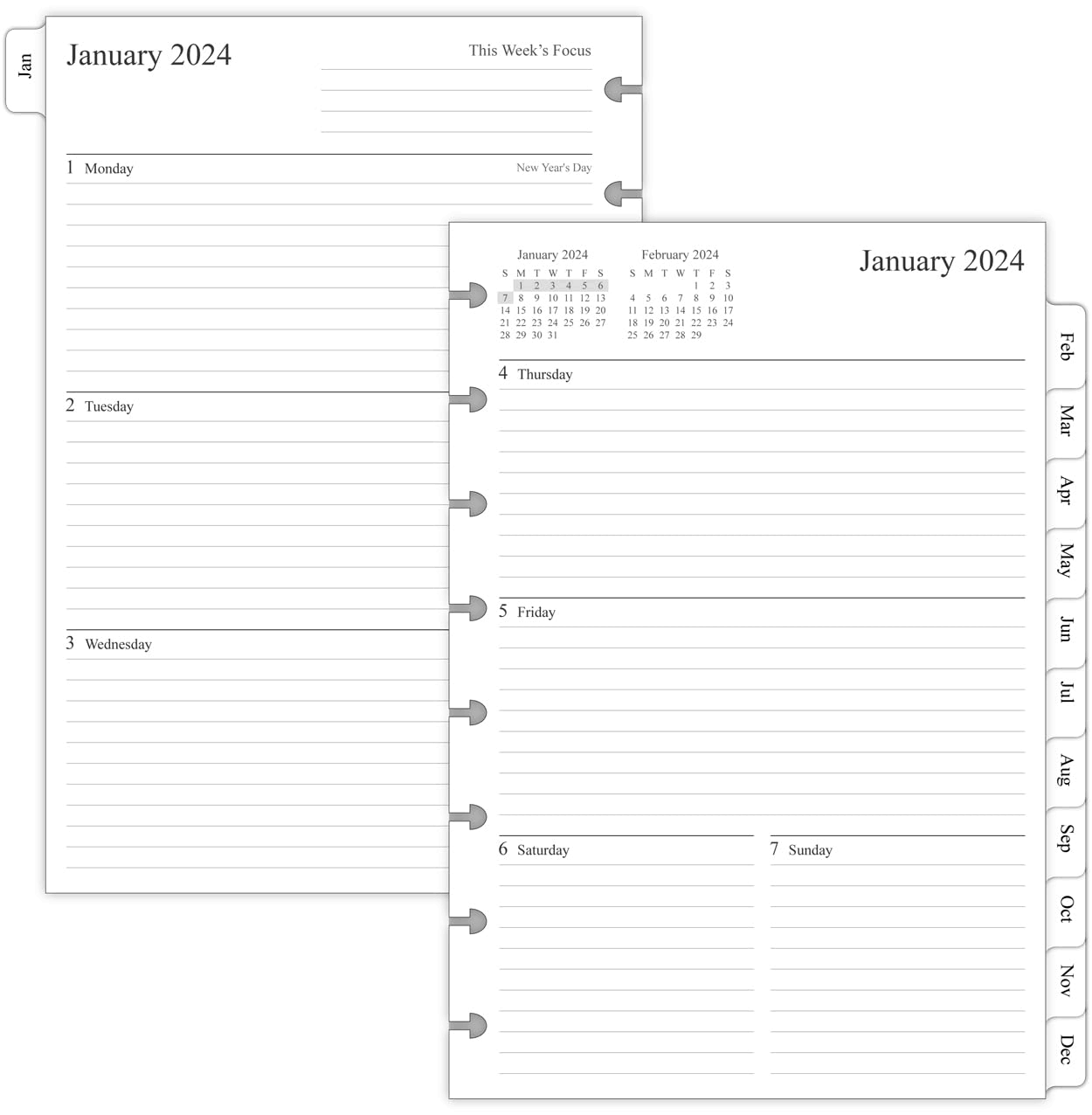 2024 Weekly & Monthly Planner Refill for 8 Discbound Planners, Two Pages Per Week, Junior Size, 5-1/2"x8-1/2"