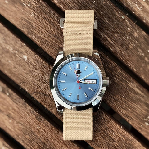 Marine Nationale Watch Strap in Beige on Thrifty Gentleman light blue dial watch