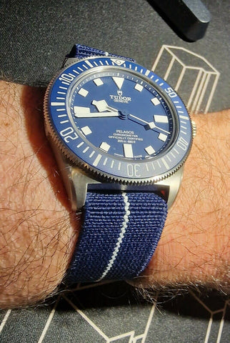 Tudor Dive Watch on Marine Nationale watch strap in blue with white stripe from The Thrifty Gentleman