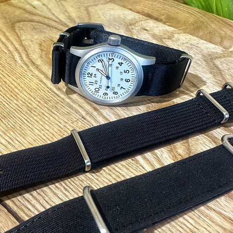 Hamilton Field watch with 3 All Black NATO watch straps from The Thrifty Gentleman