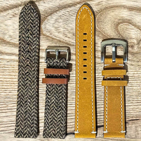 Herringbone Tweed Watch Strap in Khaki with Crazy Horse Leather Watch Strap in Yellow Brown from The Thrifty Gentleman