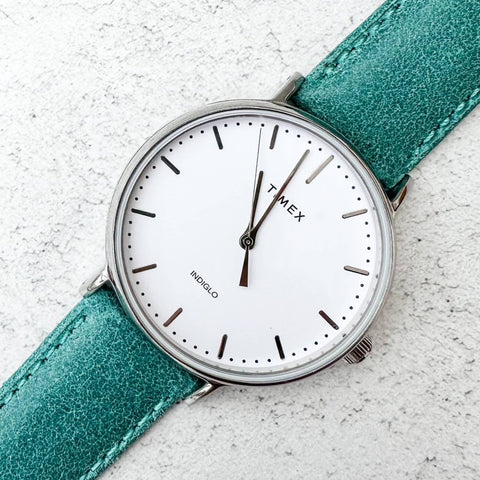 Vintage Leather Watch Strap In Turquoise Blue on Timex Watch