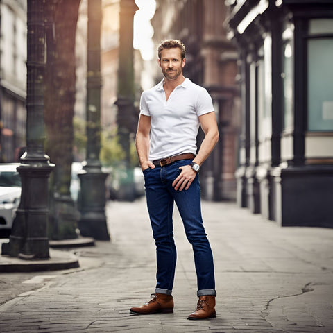 Casual Stylish Man in Blue Jeans wearing white shirt and great watch and watch strap combination