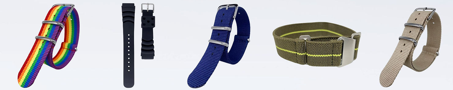 NATO Watch Straps in Rainbow, Blue and Beige ad Black Silicone DIve Watch Strap and Marie Nationale Watch Strap in Green and Yellow