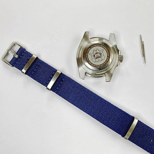 Blue NATO watch strap and watch ready for strap installation