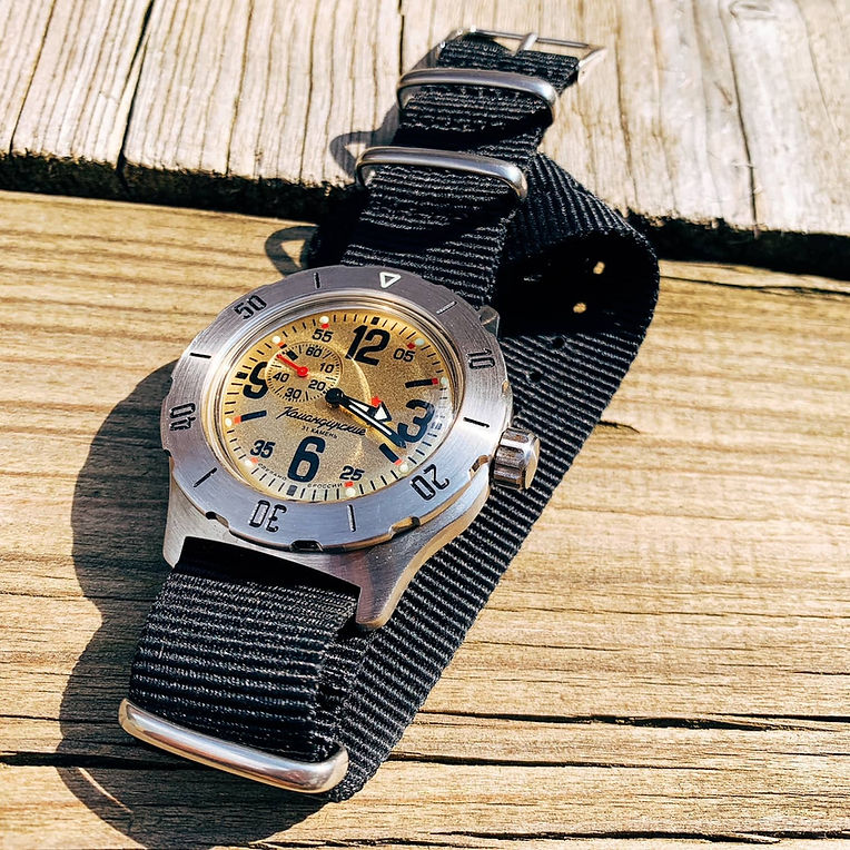 Vostok Komandirskie with black nato watch strap from The Thrifty Gentleman - the most versatile watch strap colour option