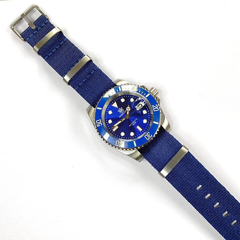 Steeldive SD1953 in blue with Navy Blue Herringbone NATO watch strap attached