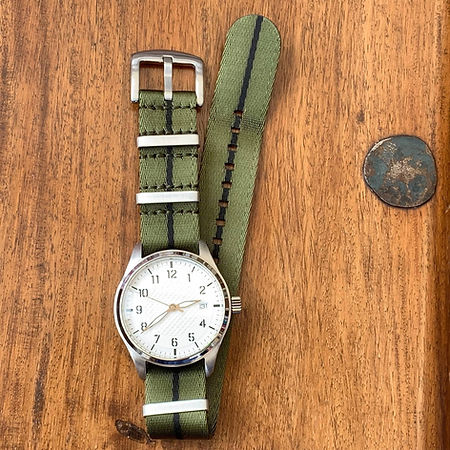 Flieger watch with Green and Black stripe Seatbelt NATO watch strap