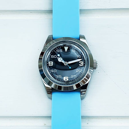 Rolex Air-King homage on light blue Universal rubber watch strap