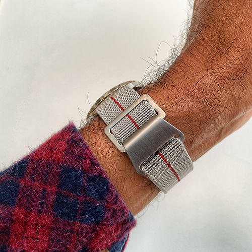 Back of Marine Nationale watch strap in grey and red stripe whilst being worn