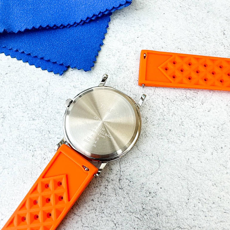 Orange Tropical Quick Release Watch strap part attached to Timex watch