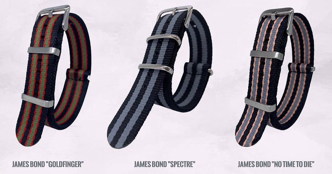 3 James Bond NATO strap options - Goldfinger, Spectre and No Time to Die NATO watch straps